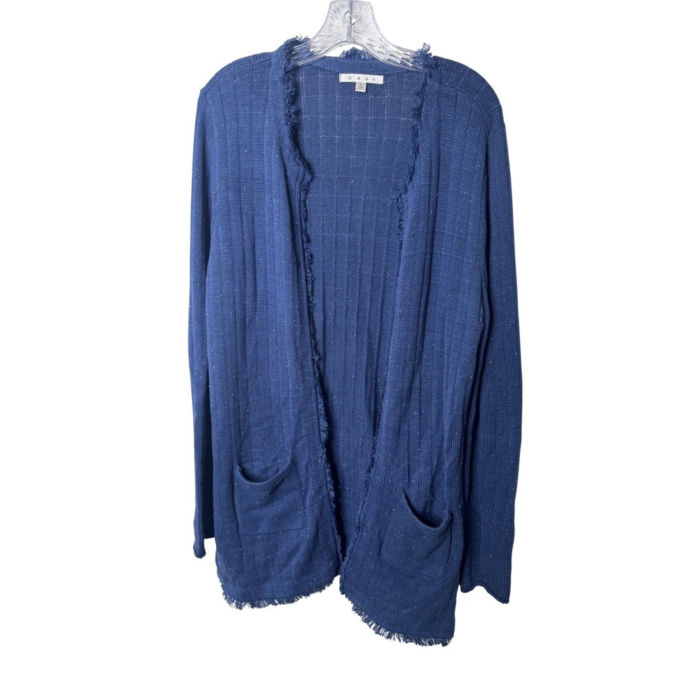 Cabi Blue Cotton Confetti Fleck Fringe Open Front Cardigan Sweater Womens‎ L